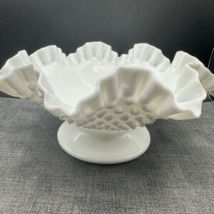 Vintage Fenton Footed Large Serving Bowl Milk Glass Hobnail Crimped 10 1/2" EUC